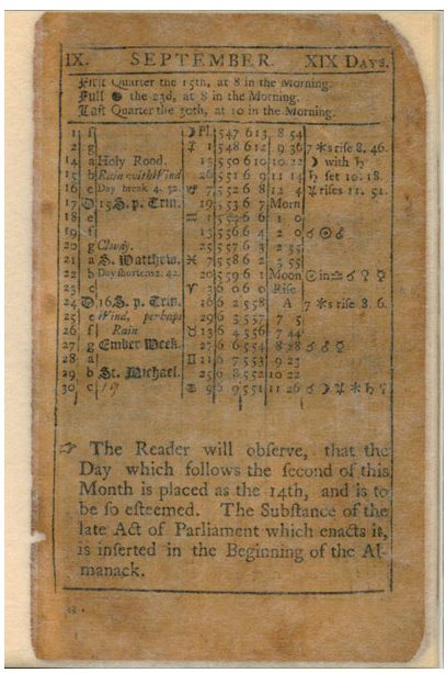 Kalender från Virgina 1752